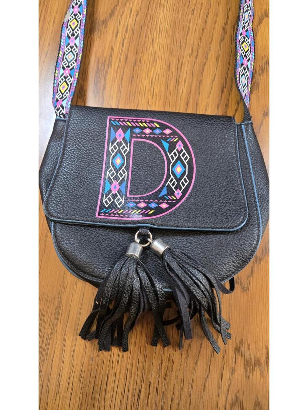 Justice Black Crossbody Bag with Colorful Patterned Strap and Tassels - Picture 2 of 7